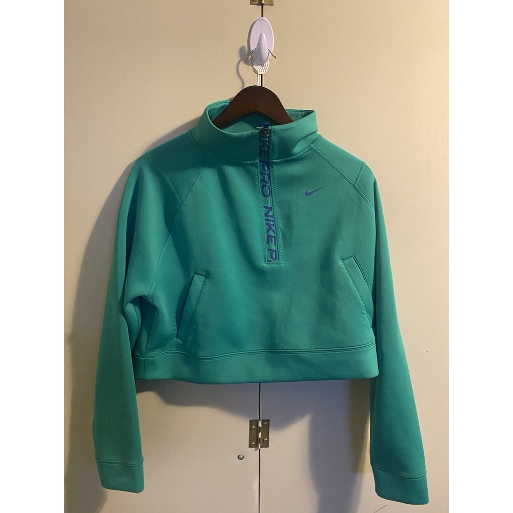Nike Pro Womens Cropped Half Zip Sweatshirt Teal Purple Retro Fleece S